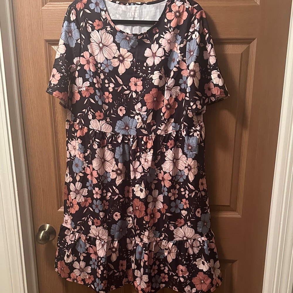 SHEIN Black Mini Dress with Pink & Blue Floral Print